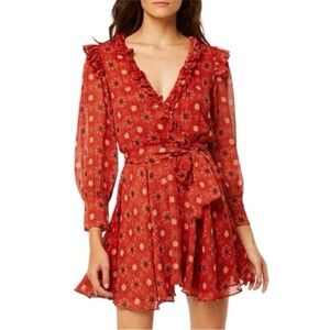 Misa Red ‘Veruka’ Long Sleeve Ruffle Mini Dress in Floral “Maravi Dots”, Size XS